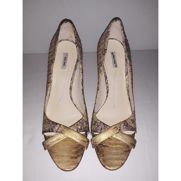 Miu Miu Snakeskin with Metallic Gold Highlights Open Toe Pumps 37 IT - Picture 6 of 11